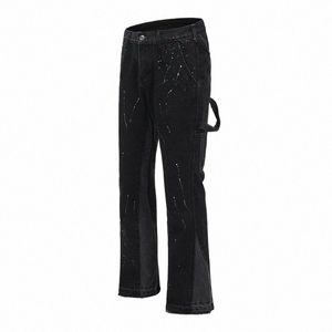 Siyah High Street Retro Patchwork Flare Pants Erkekler Mürekkep Spl Yırtılmış Jeans Kadın Günlük Düz Boyutlu Gevşek Denim Pantolon R75L#