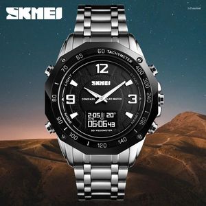 Наручные часы Skmei, модные водонепроницаемые со стальным ремешком, мужские деловые часы с двойным дисплеем, компас, спортивные электронные часы