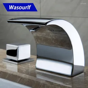 Banyo lavabo musluklar wasourlf led pirinç su musluk havzası iki saplı mikser ve soğuk musluk modern tasarım yüksek kalite el için