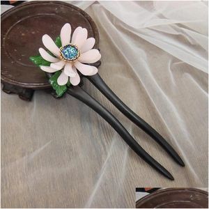 Saç klipsleri barrettes chrysanthemum 2-prong abanoz çubuk pimi vintage sır sanatglas Çin saç tokası ahşap pinler pimi cheveux femme wigo ot1at