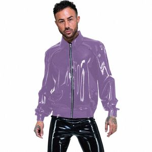 Parlak Wetlook Ceket Erkekler PVC LG Kol Üstleri Yüksek Boyun Frt Zip Coat Clubwear Sokak Deri Ceket Partisi Sıradan Artı Boyutu C6CO#