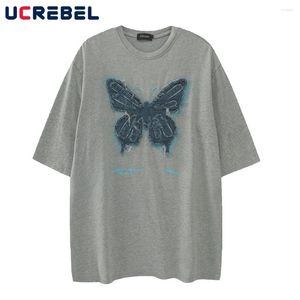 Мужские футболки с нашивкой-бабочкой, футболка с коротким рукавом, мужская уличная одежда Y2k, летняя свободная хлопковая футболка с круглым вырезом и половиной рукава для мужчин