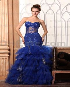 2015 Kraliyet Blue Tül Gece Elbise Boncuklu Çırpma Çok Katmanlı Denizkızı Sequins By065 Dhyz 018105630