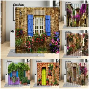 Занавески для душа, итальянские уличные цветочные занавески, ретро кирпич, синее окно, растение, природа, пейзаж, принт, садовая настенная ткань, декор для ванной комнаты