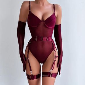 Conjuntos de sutiãs cor sólida outerwear moldar malha bodysuit cabide cinto de quatro peças conjunto para mulheres liga sexy lingerie macacão