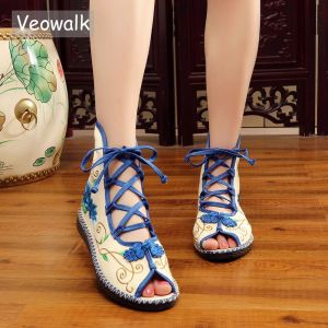Sandalet Veowalk Yaz Süper Hafif Kadın Tuval Gladyatör Sandalet Peep Toe Yüksek Üstü Bayanlar Pamuk Düz Ayakkabılar Konforu İşlemeli Sandalı