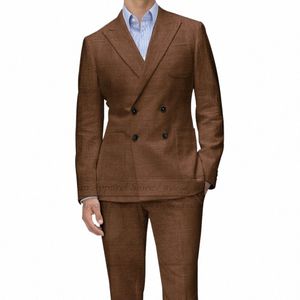 Klasik Keten Erkekler Takım Slim Fit Summer Beach Düğün Bakım Damat Takım Terzit yapımı gündelik çift göğüslü Blazer Pantolon J0CK#