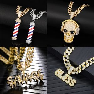 Hip Hop Schädel Kreuz Brief Anhänger Cuban Link Kette Halskette Männer Iced Out Mode Voller Strass Halsketten Schmuck Großhandel 240315