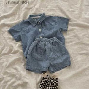 T-Shirts 2023 Yaz Yeni Bebek Kısa Kollu Denim Ceket Giysileri Set Sold Boys Girl Gasit Şort 2 PCS Takım Sevimli Çocuklar Jean Kıyafetleri24328