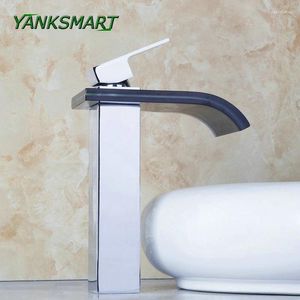 Смесители для раковины в ванной комнате YANKSMART Водопад Настенный смеситель для раковины с хромированной отделкой и черным стеклянным смесителем Смеситель для воды Смеситель с одной ручкой