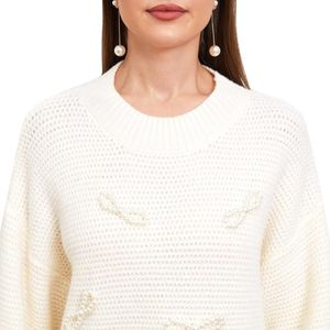 Suéter feminino oversized com laço de pérola, manga comprida, gola redonda, fenda lateral, suéter feminino