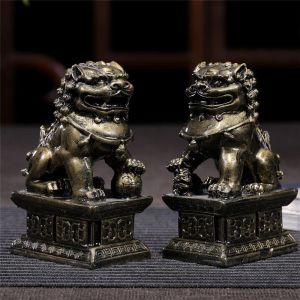 Heykeller 2pcs Çin Aslanları Buda heykelleri Bronz Süsler İnsan Yapımı Yeşim Taş Fu Foo Köpekler Heykel Figürinler Heykelleri Ev Dekorasyonu