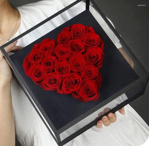 Декоративные цветы 16шт консервированные розы в акриловой коробке Оптовые вечные изготовленные изготовленные дни дни дневной души в форме сердца подарки в форме сердца