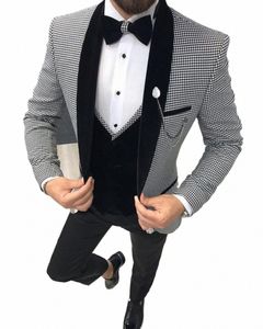 Houndstooth Check Suit Casaco Veeteen Colete Calças Pretas Xaile Collar Blazer Calças Conjuntos Masculinos Desgaste Do Partido Homens Roupa De Casamento j9b6 #