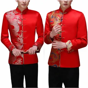 Drag Desen Jakard Erkek Kırmızı Takım Ceket Mandarin Yatak Tasarlık Çinli Erkek Saten Zarif Düğün Ceket Kurbağa Kapanış N7QJ#