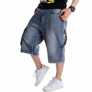 Mens artı boyutu gevşek şık denim kısa erkekler kot pantolon fi sokak kıyafeti hip hop lg 3/4 capri kargo şort cep Bermuda erkek mavi m7re#