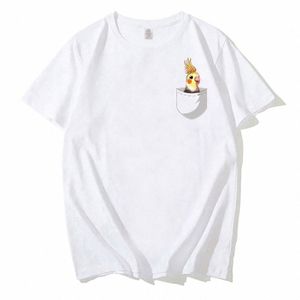 Komik Erkekler Tişört Cep Cockatiel Parrot Baskı T-Shirt Erkek Sokak Giyim Üstleri C2KV#