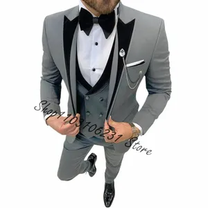 Gri Busin Erkekler Slim Fit Erkek Fi Ceket Yelek Pantolonları 3 Parça Düğün Smokin için Damat Yemeği Partisi Kostümü Homme F26Q#