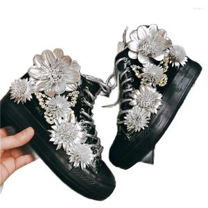 Sıradan Ayakkabılar Rhinestone Kadın Tuval Düz Yüksek Üst Manuel 2024 Bayan 3D Çiçek Toplam Siyah