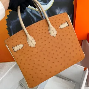 Üst yüksek kaliteli tasarımcı tote çanta kadın çanta alışveriş çantası 30cm lüks el çantaları devekuşu cilt beyaz çanta el dikiş kahverengi çanta hediye kutusu paketleme iki tonlu bayan çanta