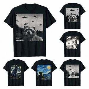 Uzaylı UFO Komik Kedi Köpek Racco T-Shirt Sevimli Hayvan Baskı Grafik Tee Üstler Güzel Uzaylı Erkekler Giyim Baba Kocası Kardeş Hediyeleri O6my#