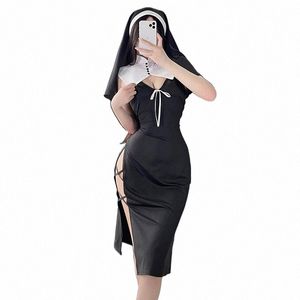 Ojbk rahibe rol oynama hizmetçisi cosplay kostüm takım elbise kadınlar seksi iç çamaşırı dr anime rahibe başlık halen siyah içi boş passi üniforma q4qn#