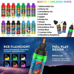 Orijinal Sunfire Stars 20000 Puflar Tek Kullanımlık Vape RGB POD Sistemleri 12ml 30ml Prefoled 600mAh Şarj Edilebilir Vape Cihaz Fransa Yasal Vapes 30000 Puff 15k 20k V Voopoo