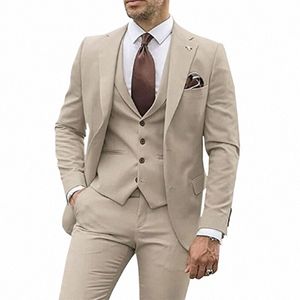 3 adet erkekler için bej takım elbise 2023 ince fit damat smokin düğün takım elbise en iyi adam sağdıçlar resmi parti takım elbise erkek trajes de hombre 08so#