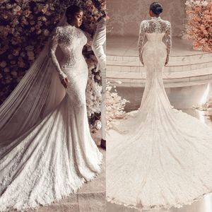 Vintage Denizkızı Grafik Gelinlik Yüksek Neck Fulllace Uzun Kollu Artı Beden Gelinlik Gelinlikleri Düğme Geri Süpürme Tren Dantel Robe De Mariage