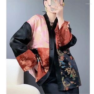 Jaquetas femininas 2024 inverno contraste cor emenda estilo chinês algodão casaco com decote em v manga raglan solto jaqueta de acetato S-XL