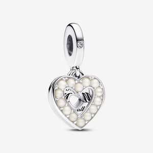 Pearlescent Beyaz Kalp Çifte Dangle Charm Pandoras 925 STERLING Gümüş Lüks Cazibe Set Set Yapma Takımları Tasarımcı Kolye Kolye Orijinal Kutu Toptan