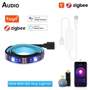 Kontrol Akıllı Zigbee USB LED STRIT LIVES TUYA RGB LED STRIT DC5V 5050 Akıllı TV Geri Aydınlatma Odası LED Bant Google Home Alexa ile Çalışır