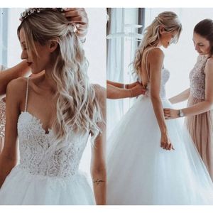 Seksi Yaz Sırtsız Gelinlik Spagetti Bir Çizgi Aplikler Boncuklar Gelin Gowns Batı Bahçesi Boho Robes de Mariage Özel Yapımı BC