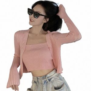 2pcs İnce Camisole Örgü Hırka Ceket Takım Kadınlar Bahar Açık Dükkanı UV Protocti Teps Casual Teps C3CQ#