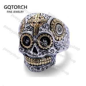 Band Rings Real Solid 925 Sterling Silver Sugar Skull Rings For Men Mexican Retro Gold Color Cross Sun Flower Engraved Punk Jewelry 240119