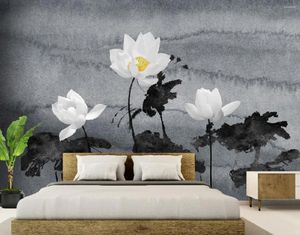 Обои Papier Peint Modern Light Luxury Advanced Grey Ink Lotus Nordic Fresh Background Wall Papel De Parede 3d Wallpaper