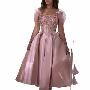 Rosa Schulterfreies Abendkleid für Frauen, quadratischer Ausschnitt, süß, kurzärmelig, Ballkleid, Heimkehr, Dr. Empire-Taillenrock G6VS #