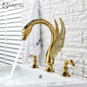 Banyo lavabo muslukları lüks altın havza musluğu swan pirinç iki saplı saptırıcı püskürtücü mikser musluk ve soğuk