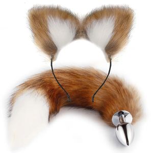 Pelúcia Foxtail Fox Tail Metal Anal Plug Cute Girl Cat Ear Headband Hair Band Set Sexy Cosplay Butt Plug Erótico Mulheres Masturbação 240315