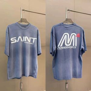 Erkek Tişörtler Büyük boy 2024 Yaz Yıkanmış Saint Michael lacivert T Shirt Erkek Kadınlar Vintage Japonya Tarzı Kısa Kollu Tee Pamuk Üstleri J240322