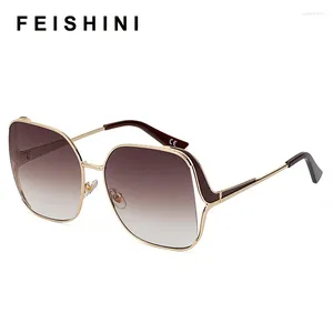 Солнцезащитные очки FEISHINI, брендовые модные металлические большие квадратные женские модные солнцезащитные очки с защитой UV400, корейские очки, роскошные оригинальные