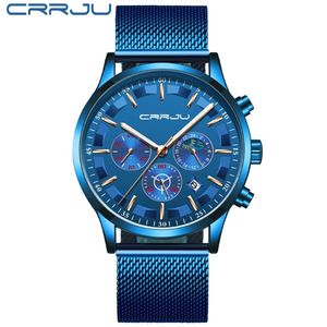 Mens Sport Watches Crrju Top Marka Lüks Kuvars Tam Çelik Saat Askeri Kamp Su geçirmez Kronograf Relogio Maskulino W261T