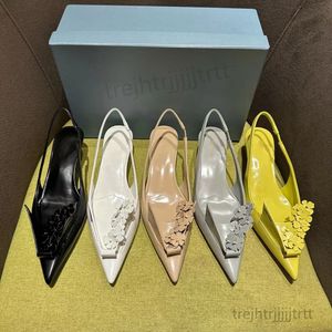 Slingback sivri uçlu kedi topuk elbise sandalet cilalı cowhide origami çiçek parti akşam ayakkabıları kadın lüks tasarımcı slip ayakkabı 35-42 kutu