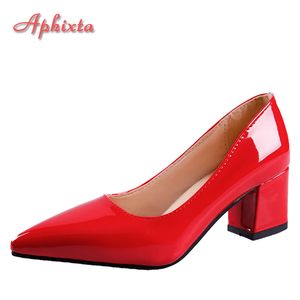 Aphixta 5cm kare topuklu patent patent deri kırmızı pompalar ayakkabı kadın klasikler sivri uçlu elbise resmi parti artı boyut 49 50 240329