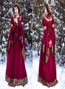 Fantezi Elf Balo Elbise Vintage Retro Uzun Kollu Altın Dantel Gotik Tudor Tarzı Kostüm Peri Rönesans Faire Akşam Elbisesi2035506
