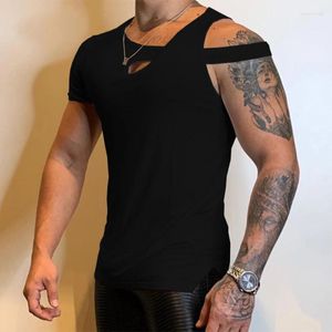 Мужские футболки, модные тонкие рубашки с открытыми плечами, мужские сексуальные футболки с нерегулярными бретельками и короткими рукавами, летняя мужская одежда, повседневная одноцветная одежда