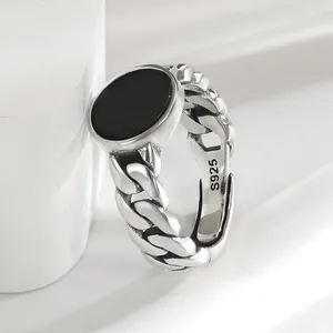 Кольца кластера HOYON S925, стерлинговое серебро, модное мужское кольцо в стиле хип-хоп, инкрустированное черным агатом, женское унисекс, ювелирные аксессуары для пар
