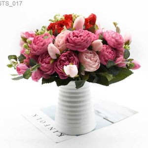 Dekoratif çiçek çelenkleri 30cm gül pembe ipek şakayık yapay çiçekler buket 5 büyük kafa ve 4 tomurcuk ucuz sahte bitkiler ev düğün dekorasyonu kapı