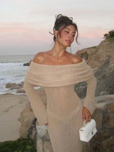 Kadın Yaz Eğik Boyun Güneş Korusu Maxi Elbise 2024 Şık Uzun Kollu Bodycon Örme Vestidos Kadın Zarif Tatil Plajı Giyim 240314
