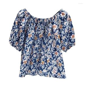 Женские блузки, блузка с открытыми плечами, женский винтажный топ с цветочным принтом, свободные темпераментные рубашки с пышными рукавами, синяя рубашка Z591